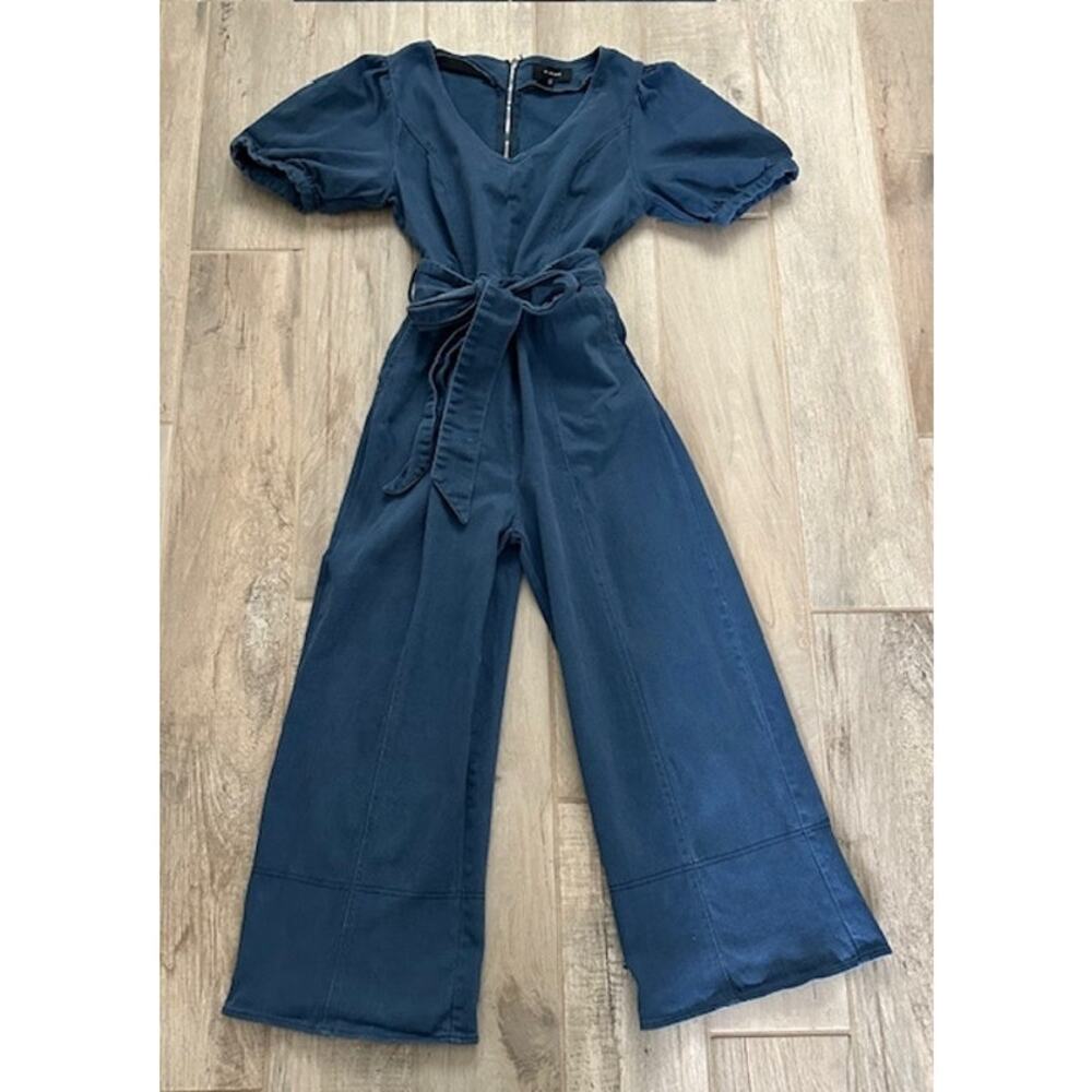 En Saison Puff Sleeve Belted Denim Wide Leg Jumpsuit Medium - Picture 8 of 16